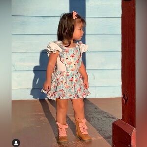 Christmas Flamingo Pinafore and white ruffled leotard - size 2T